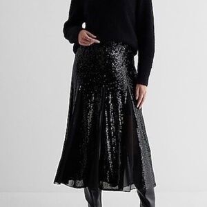 Express Sequined Midi Skirt with Sheer Panels